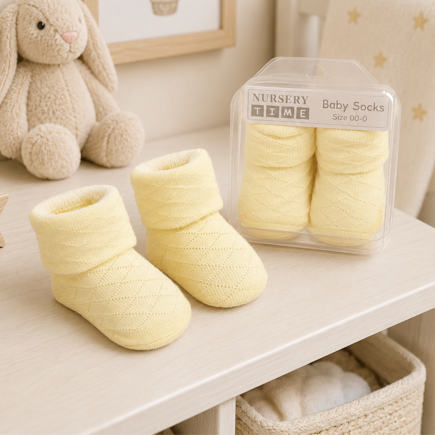 Yellow newborn baby socks with diamond design in gift box