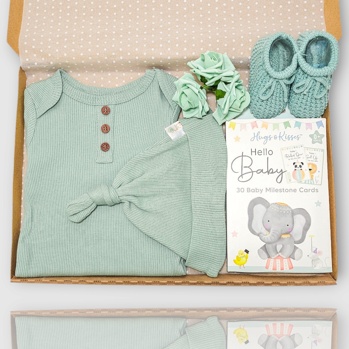 Sage green unisex baby letterbox gift with bodysuit, hat, booties and milestone cards