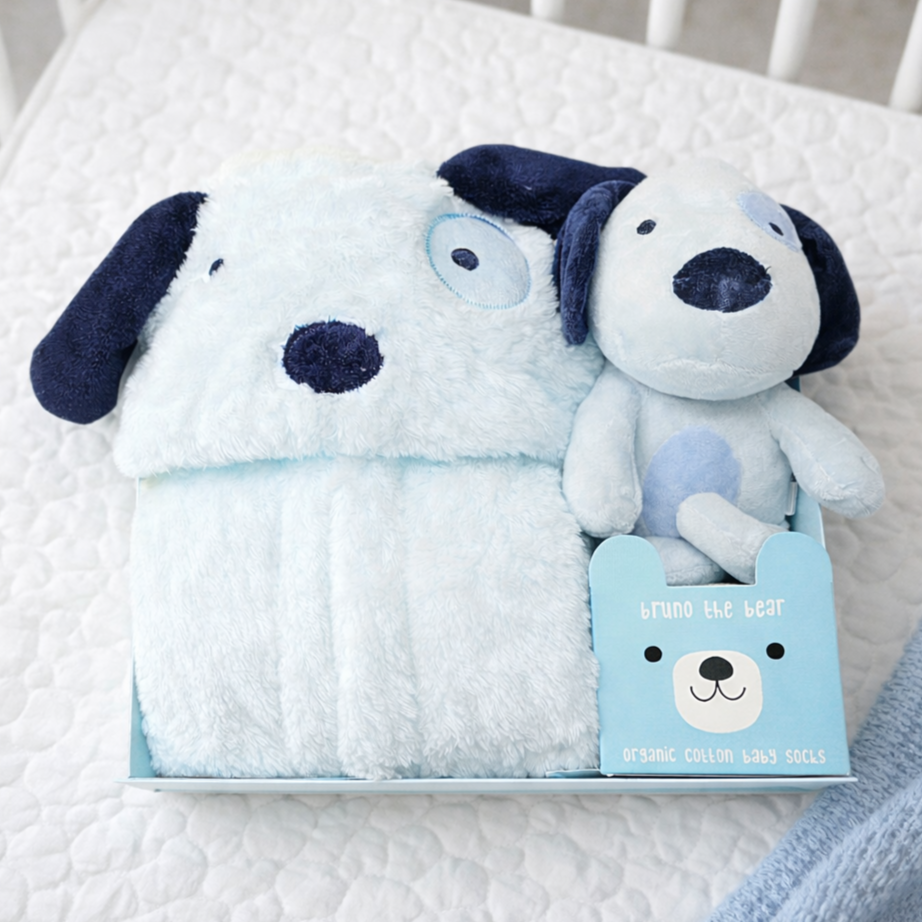 puppy dreams baby gift box with plush puppy robe toy and baby socks