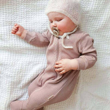 Load image into Gallery viewer, Velvet Mocha Zip Up Sleepsuit Ribbed Romper Babygrow