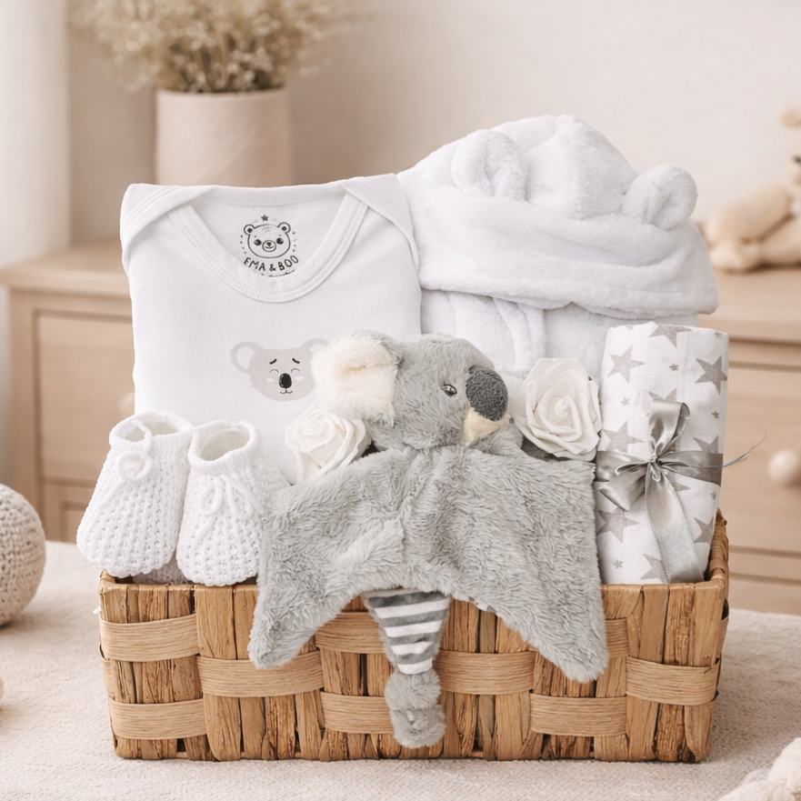 New baby gifts collection with baby hampers, toys and keepsakes