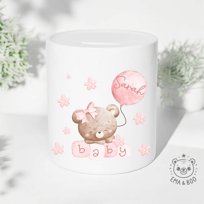 Personalised Ceramic Money Box - Baby Bear Pink