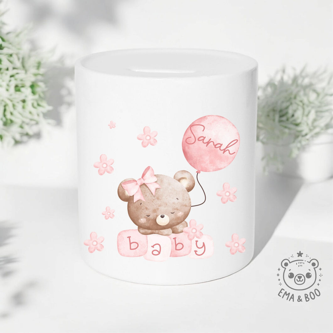 Personalised Ceramic Money Box - Baby Bear Pink