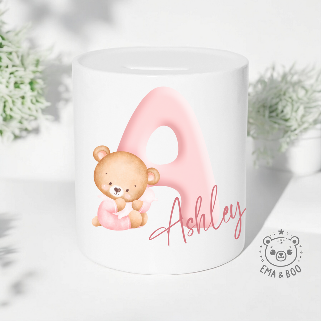 Personalised Ceramic Money Box - Pink Bear