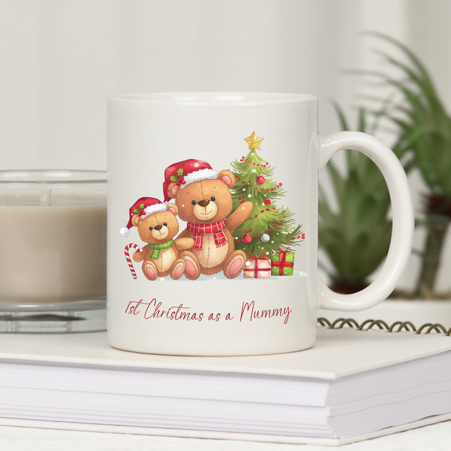 Mug with festive teddy bear design and “1st Christmas as a Mummy” text – new mum Christmas gift