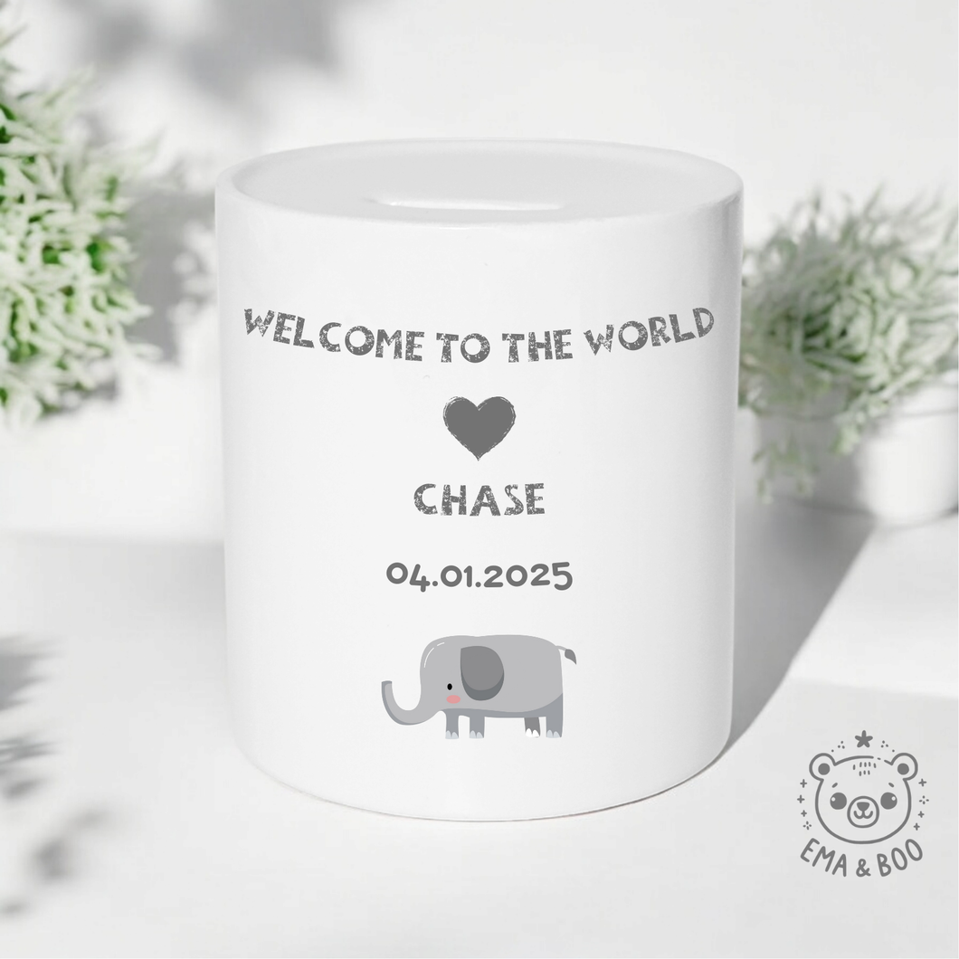 Personalised Ceramic Money Box - Welcome to the World