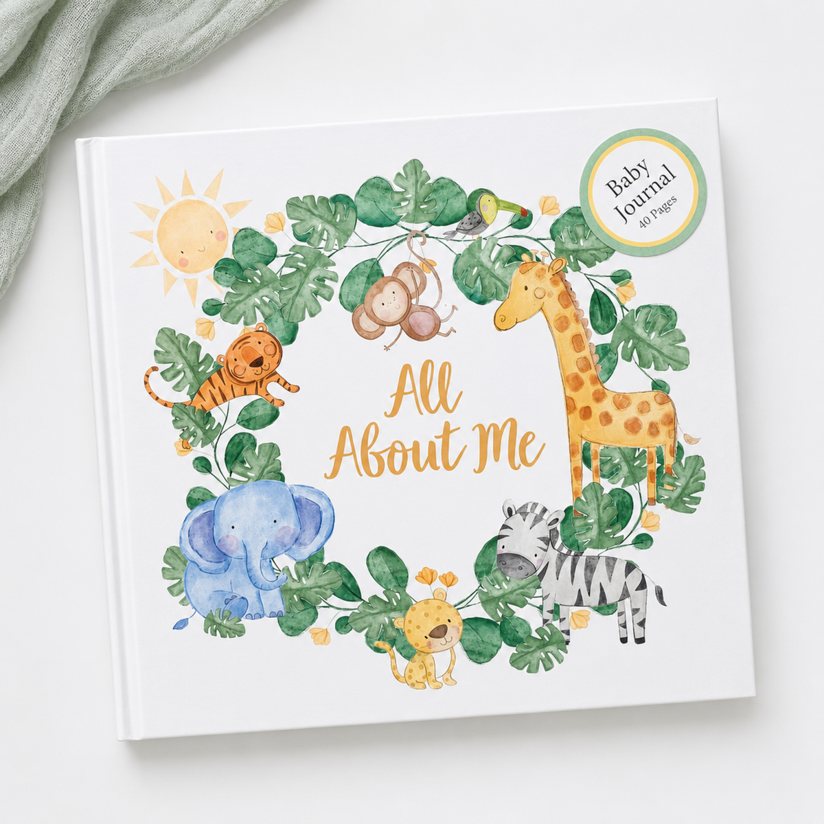 All About Me safari baby record book with giraffe elephant zebra and jungle animals
