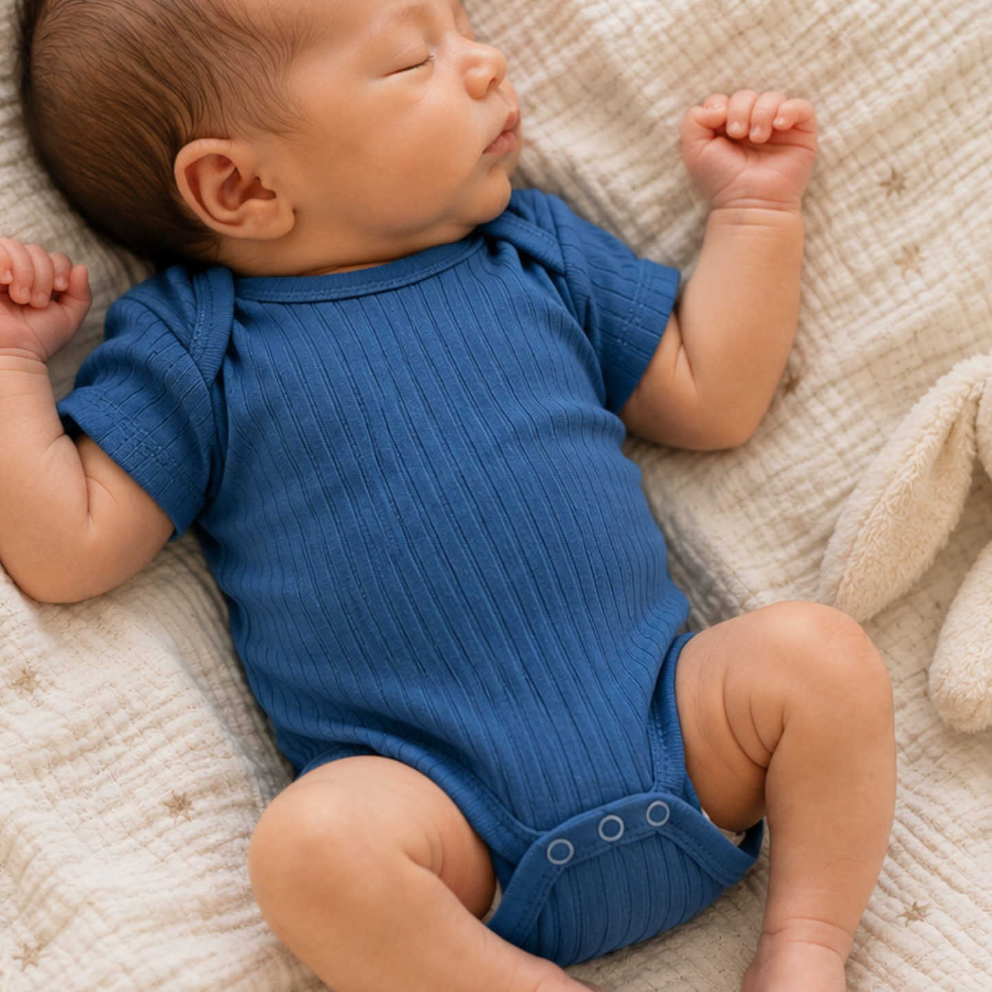 Newborn baby boy wearing an azure blue ribbed cotton bodysuit 0–3 months