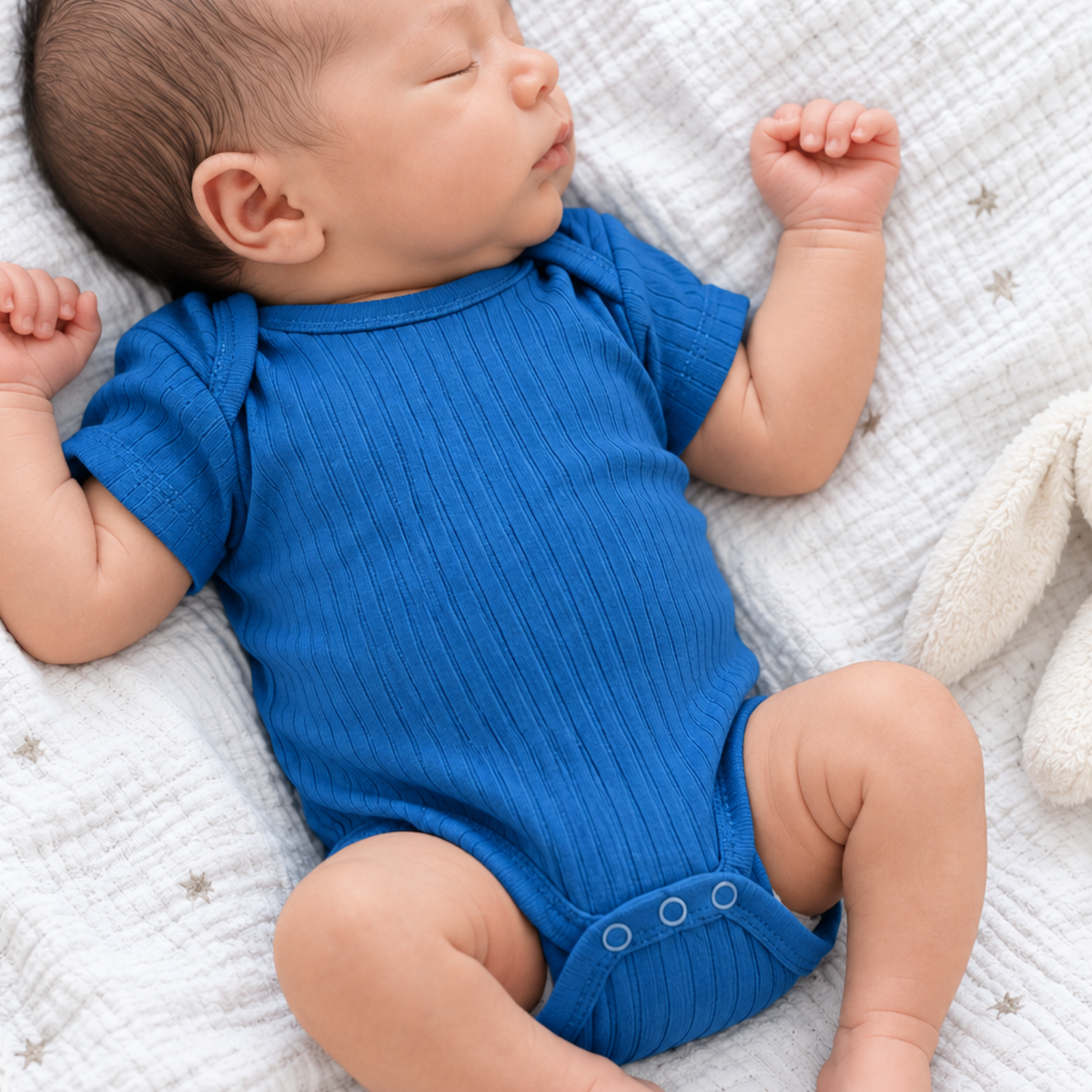 Newborn baby boy wearing an azure blue ribbed cotton bodysuit 0–3 months