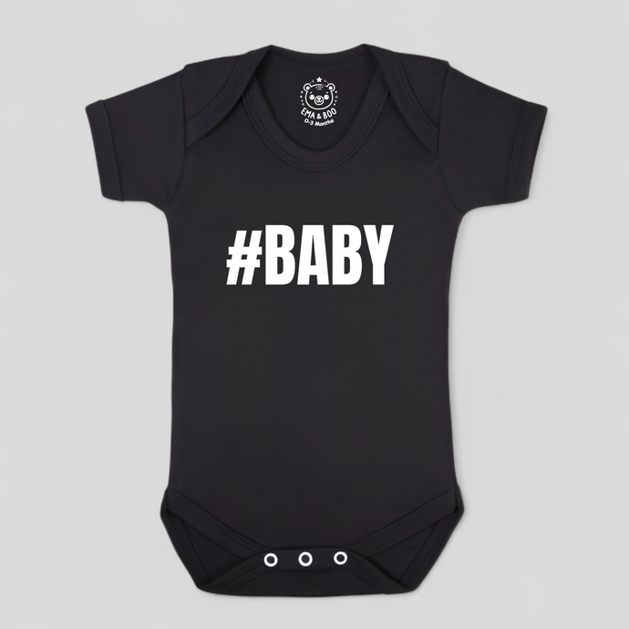 #BABY black and white MonoCub baby bodysuit – modern unisex newborn gift.