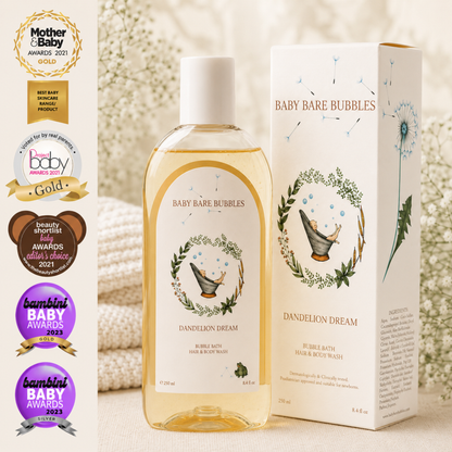 Baby Bare Bubbles Dandelion Dream bubble bath, hair and body wash for babies with award-winning gentle skincare for sensitive skin.