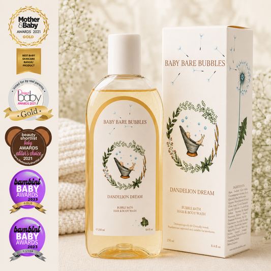 Baby Bare Bubbles Dandelion Dream bubble bath, hair and body wash for babies with award-winning gentle skincare for sensitive skin.