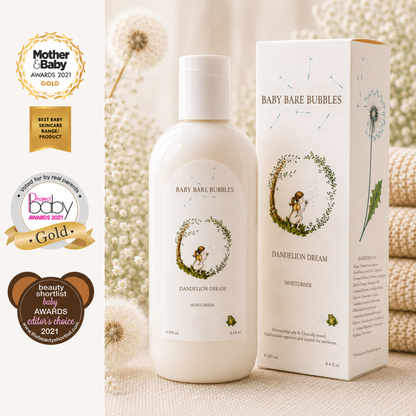 Baby Bare Bubbles Dandelion Dream luxury baby moisturiser for sensitive baby skin in a 250ml bottle.