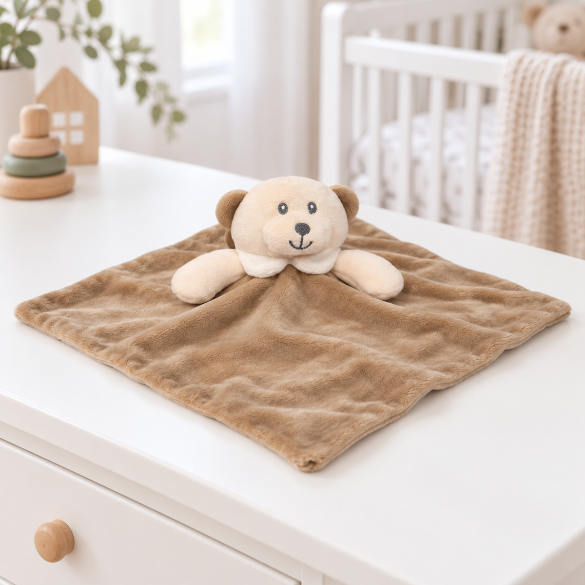 Soft brown teddy bear baby comforter blanket with cream paws and embroidered bear face, 30 x 30 cm, displayed in a neutral nursery.