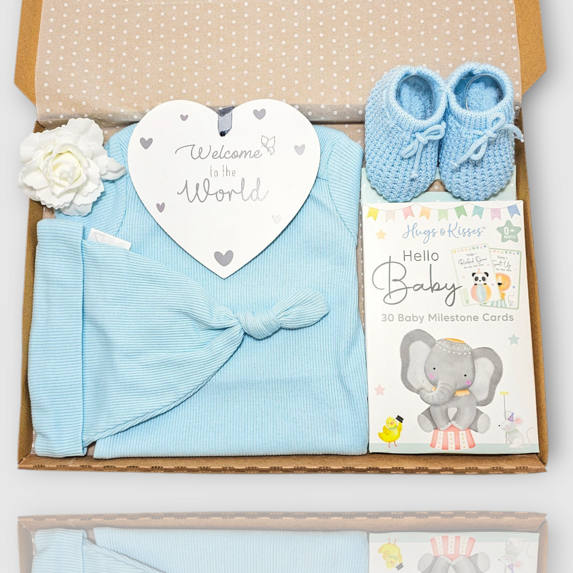 Baby blue newborn gift set with bodysuit, knotted hat, booties, milestone cards and welcome plaque