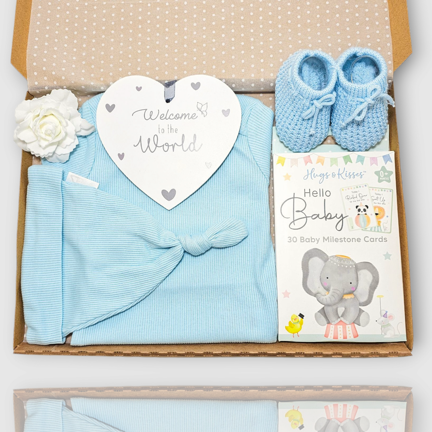 Baby blue newborn gift set with bodysuit, knotted hat, booties, milestone cards and welcome plaque