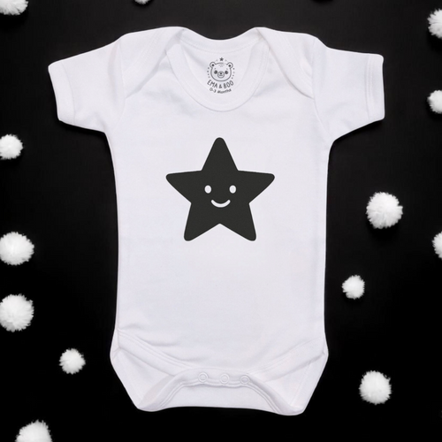 White Baby Bodysuit with Black Star | Unisex Baby Minimalist Gift