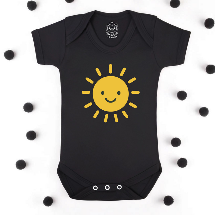 Black Baby Bodysuit with Yellow Sun | Bold Unisex Baby Gift