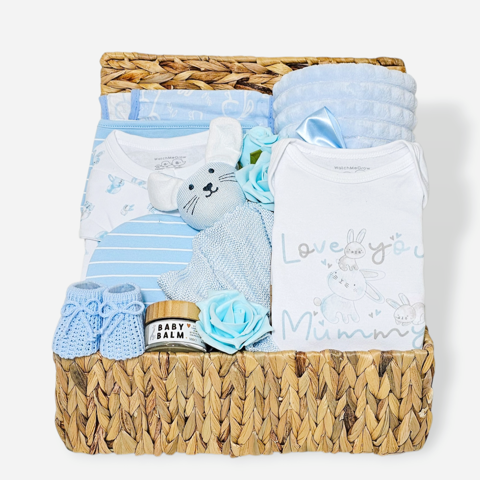 Baby boy gift basket with blue plush blanket, bear comforter, newborn clothing set and more