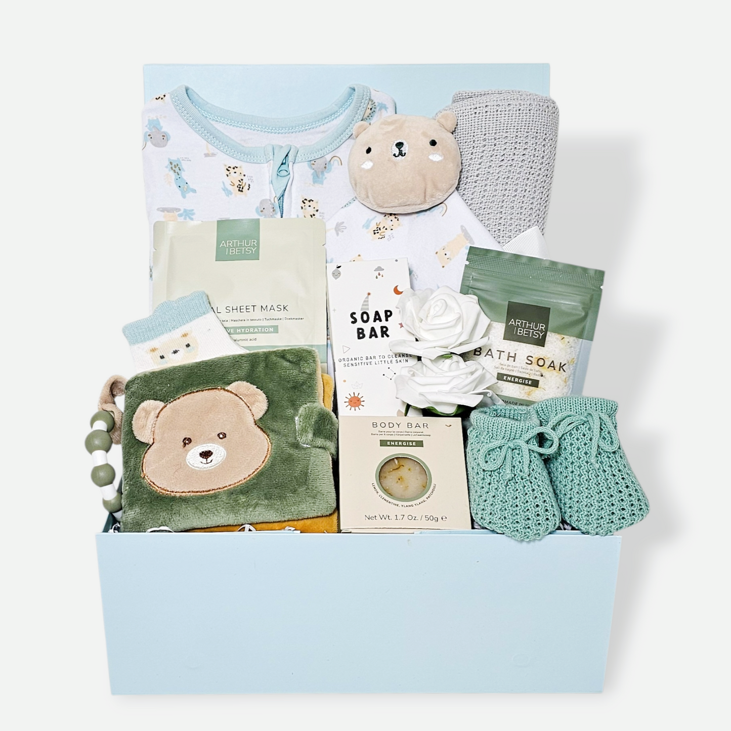 Baby hamper with sage green booties and mum pampering gifts
