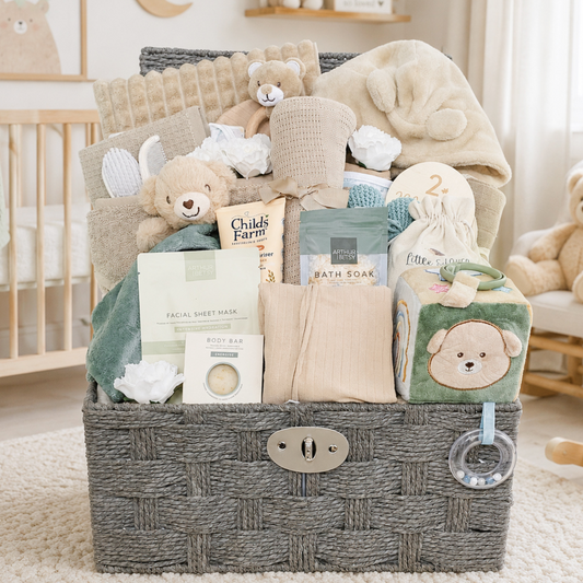 large luxury baby gift hamper for boys with safari baby clothes blankets teddy comforter toys and pamper gifts for mum
