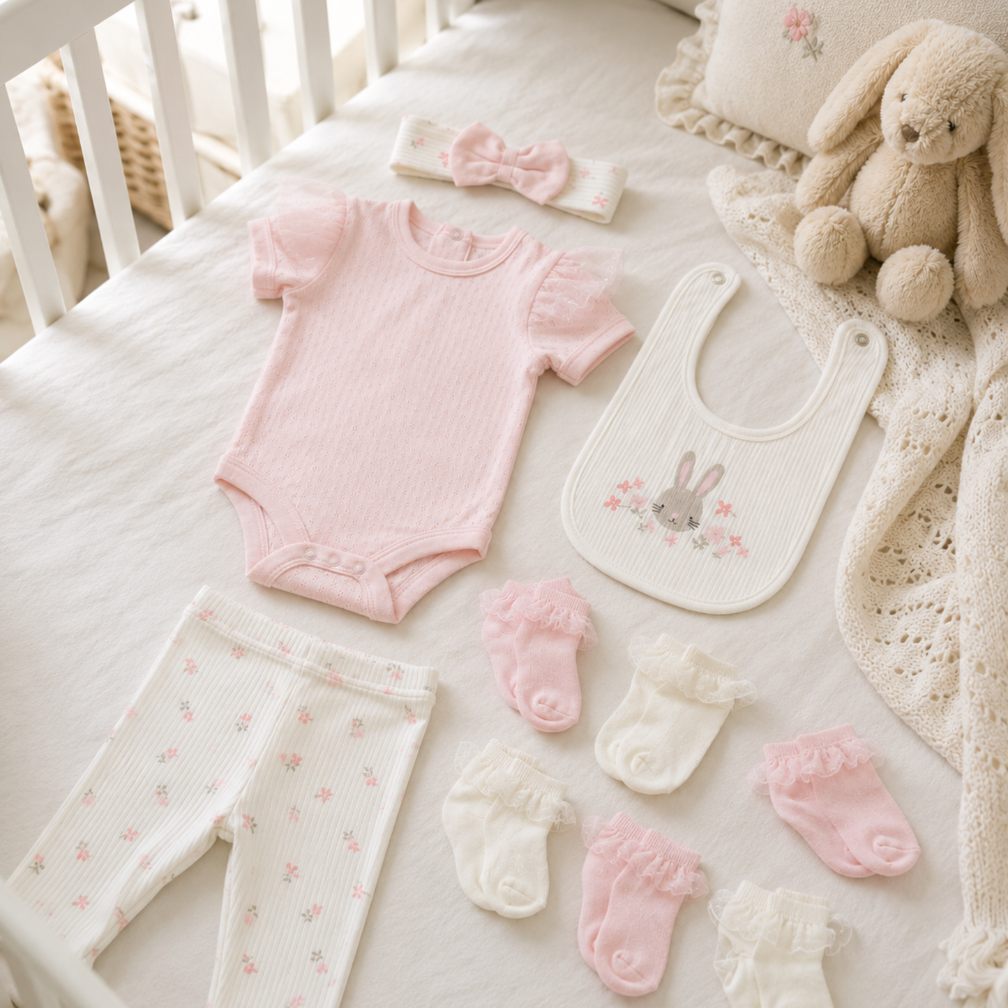 Baby girl 10 piece cotton gift set with pink bodysuit, floral trousers, bunny bib, bow headband and baby socks