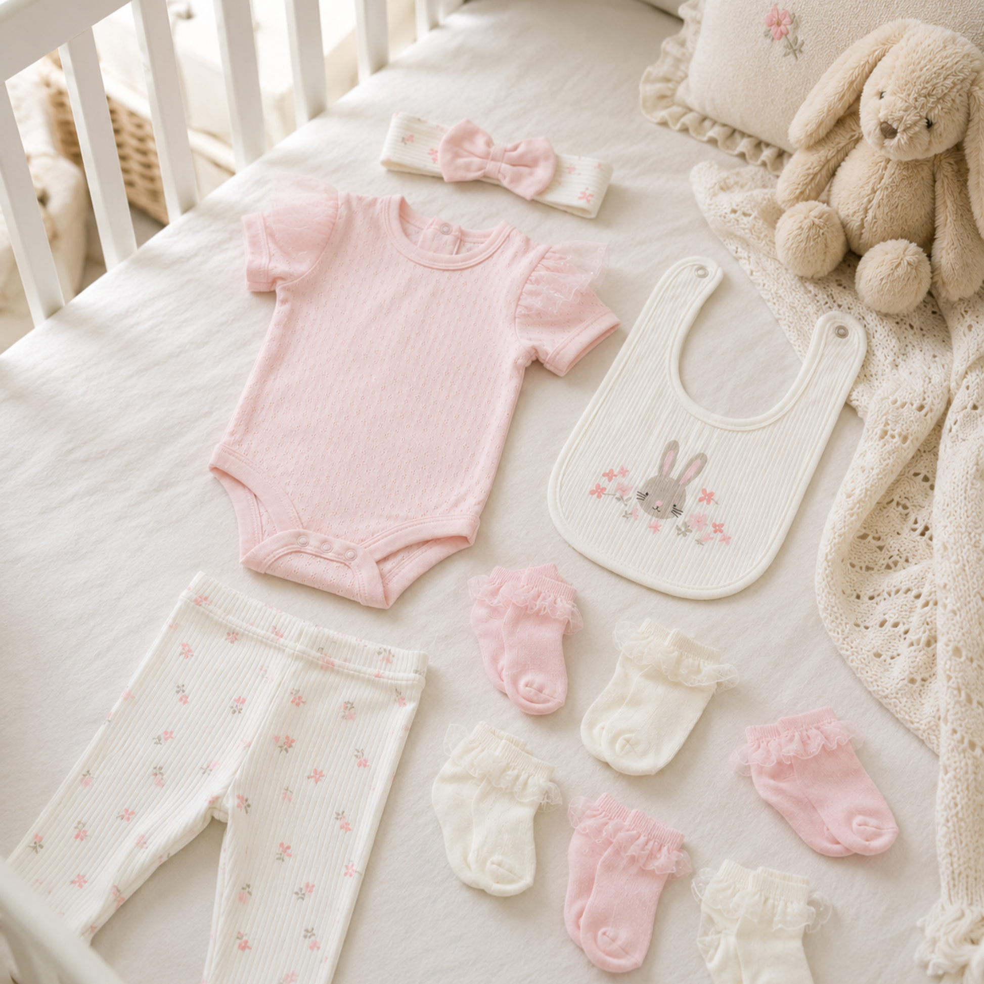 Baby girl 10 piece cotton gift set with pink bodysuit, floral trousers, bunny bib, bow headband and baby socks