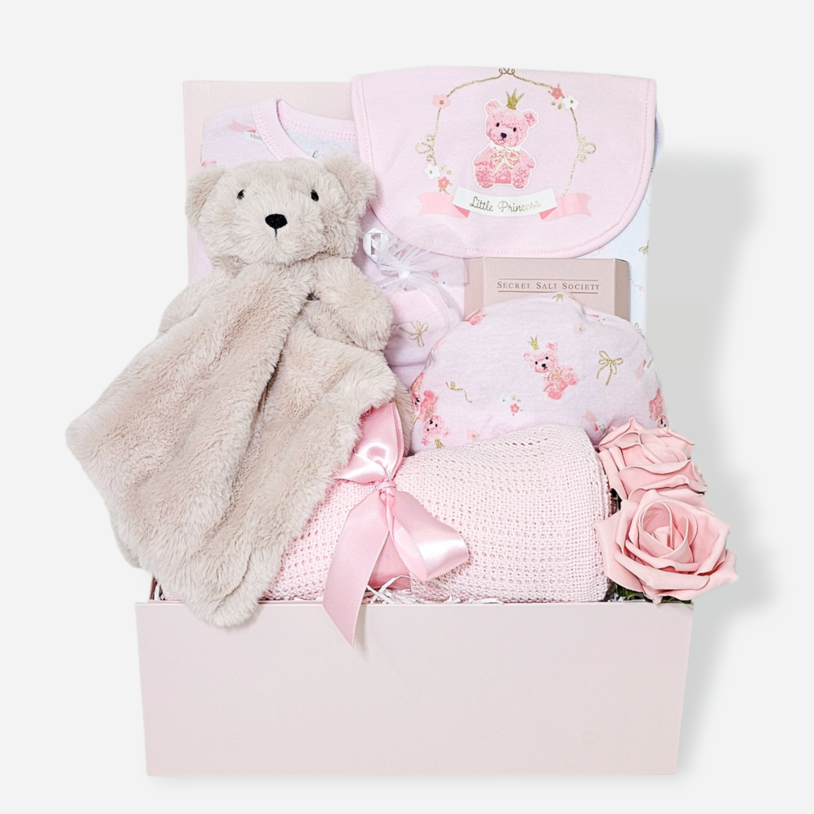 Baby girl gifts hamper with cotton clothes and comforter