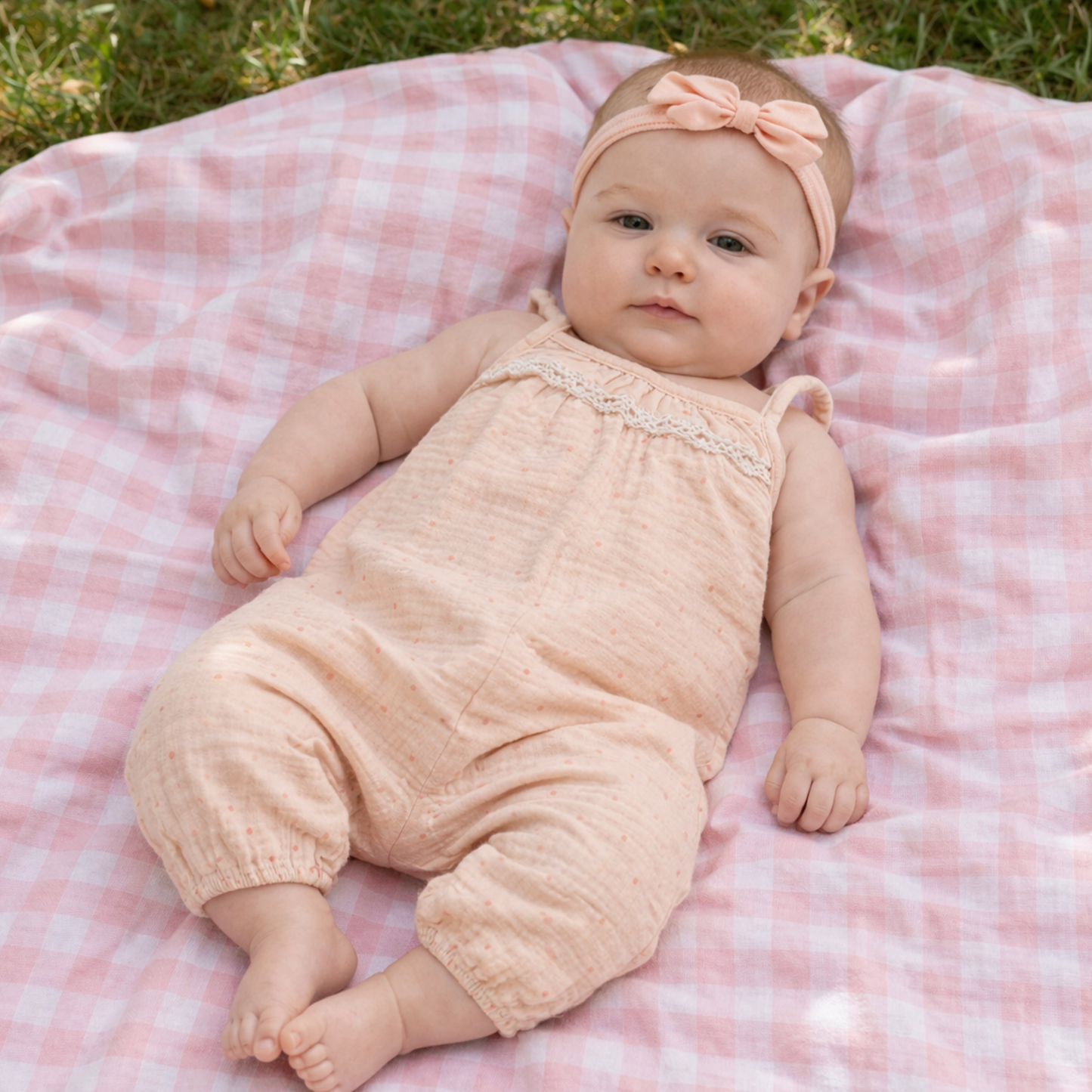 soft pink baby girl romper outfit with lace detail and matching headband for newborn baby girl