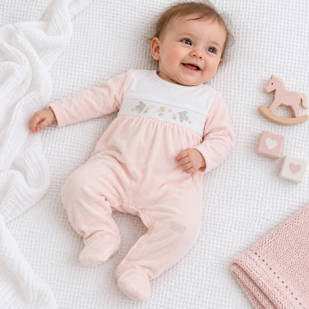 Baby girl wearing pale pink velour sleepsuit with embroidered birds and flowers on smocked chest panel