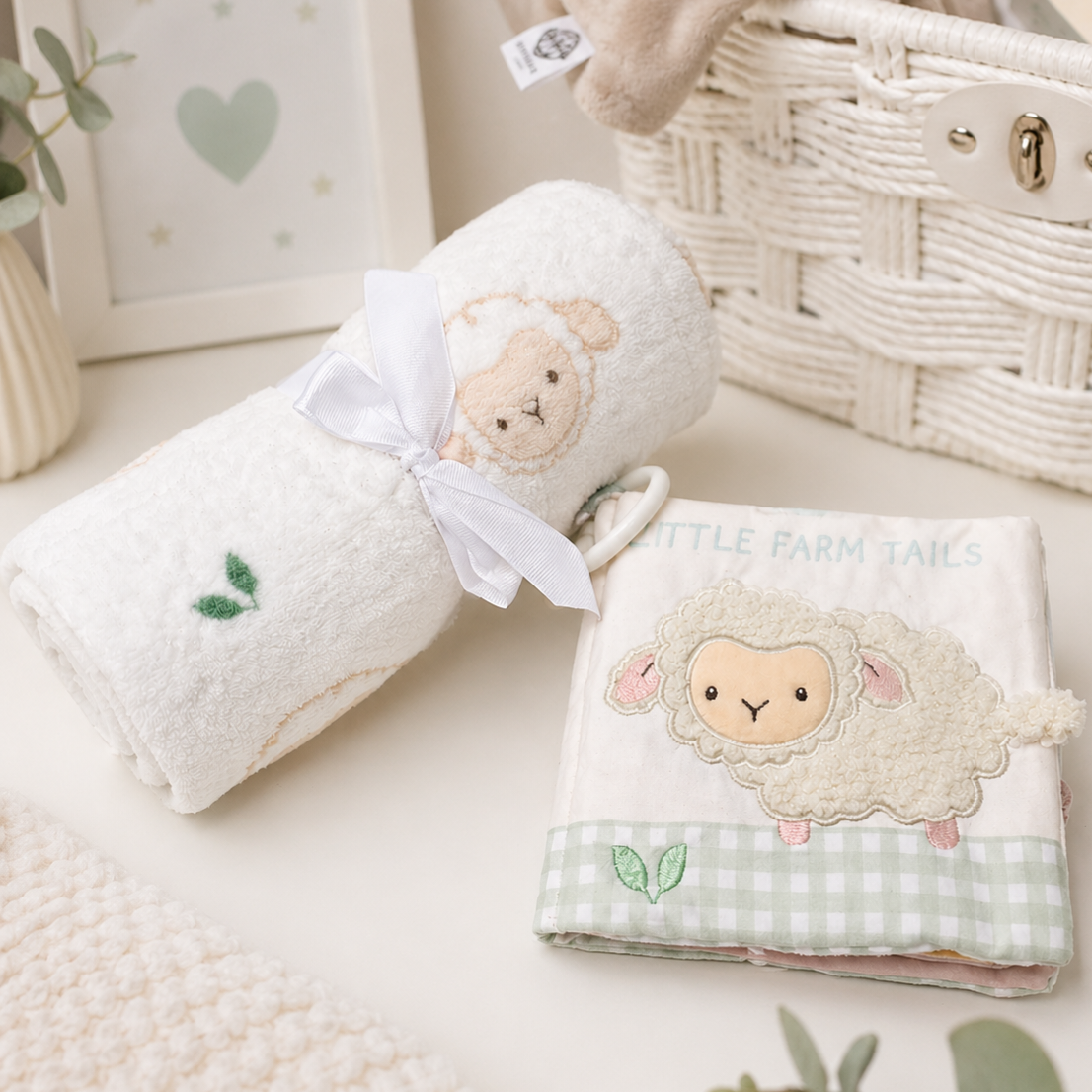Baby lamb comforter and plush blanket gift set – soft neutral newborn baby gift