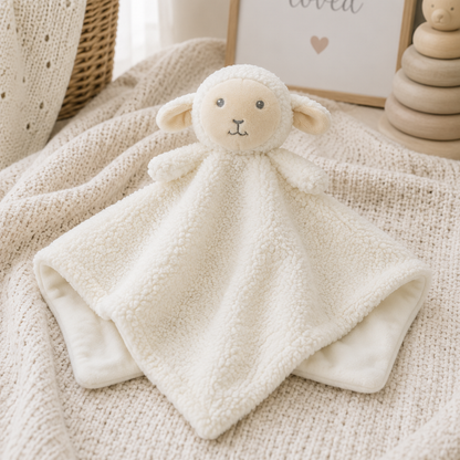 Baby Town plush lamb comforter with a soft cream comfort blanket measuring 38 x 38cm.