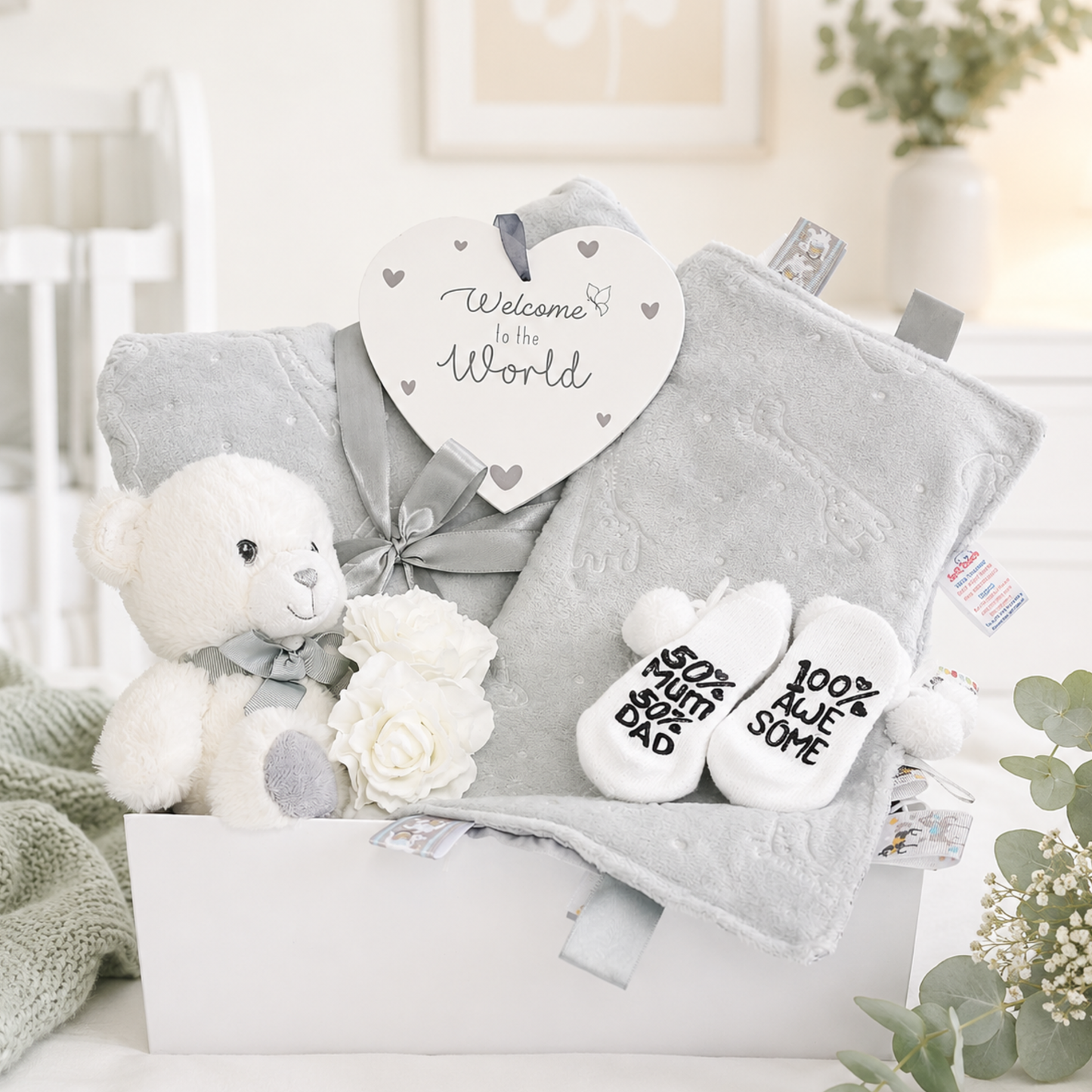 neutral baby teddy gift hamper with grey plush blanket comforter teddy bear and baby socks in white magnetic gift box