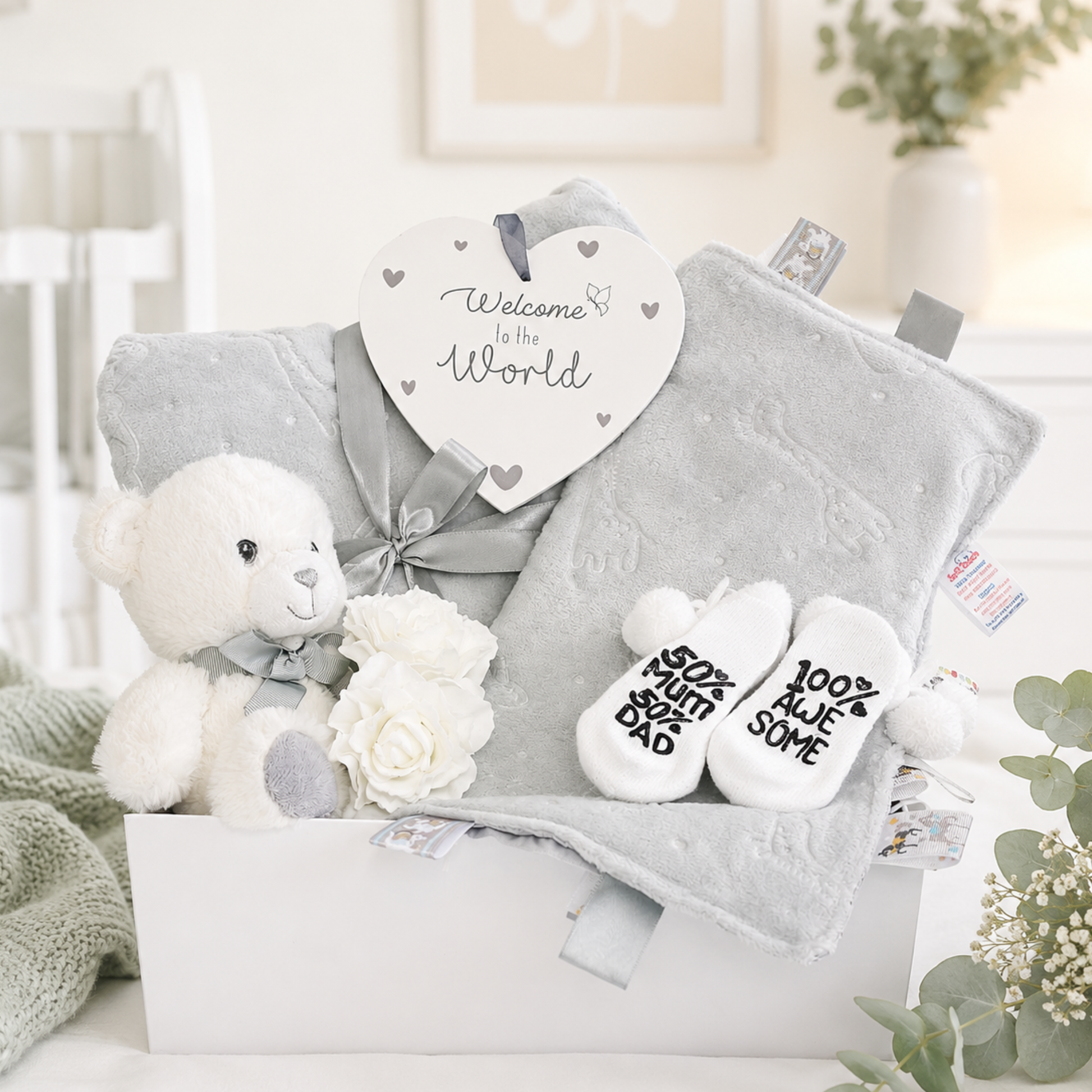 neutral baby teddy gift hamper with grey plush blanket comforter teddy bear and baby socks in white magnetic gift box