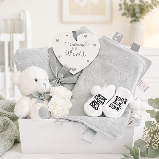 neutral baby teddy gift hamper with grey plush blanket comforter teddy bear and baby socks in white magnetic gift box