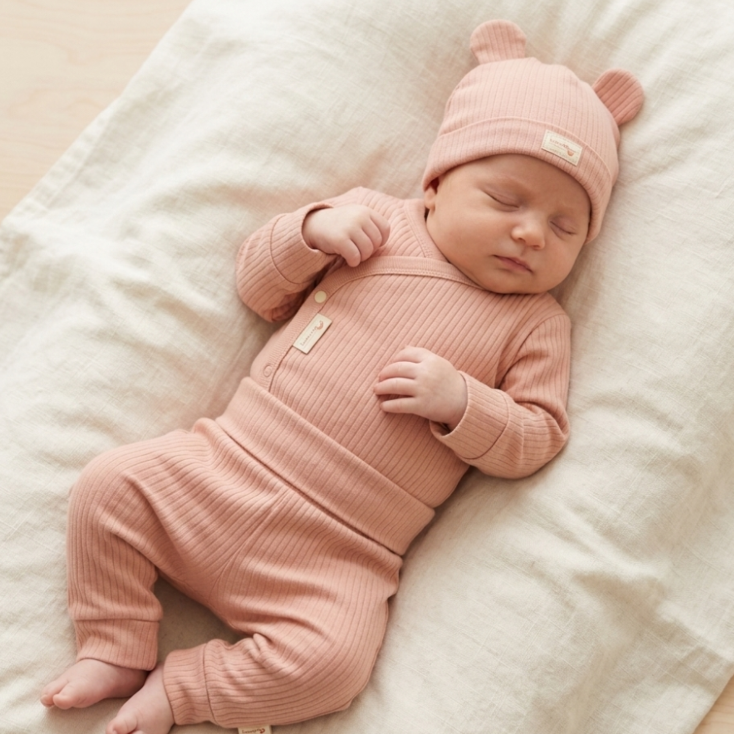 Newborn baby wearing a soft blush pink organic cotton three-piece baby outfit 