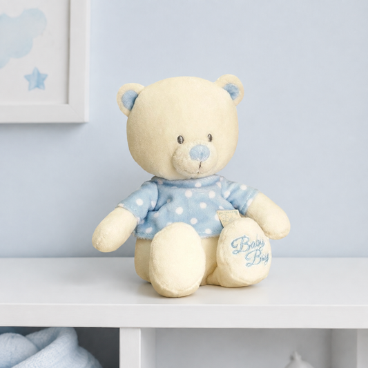 Blue teddy bear with “Baby Boy” embroidery – soft plush toy for newborn baby boy gift or nursery