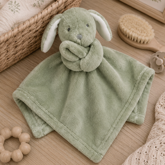 Sage green baby bunny comforter – soft comfort toy and gender-neutral baby gift 