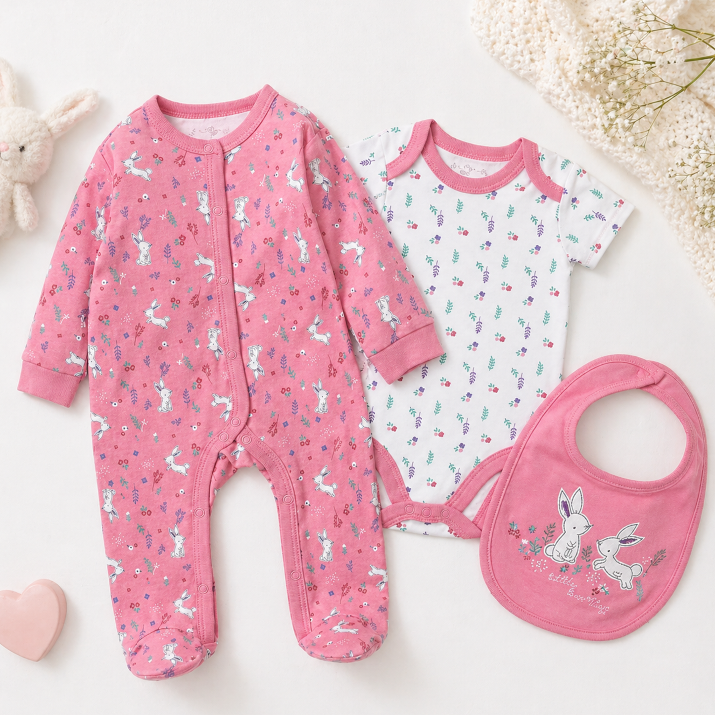 pink baby girl clothing set bunny sleepsuit bodysuit bib newborn outfit baby gift set
