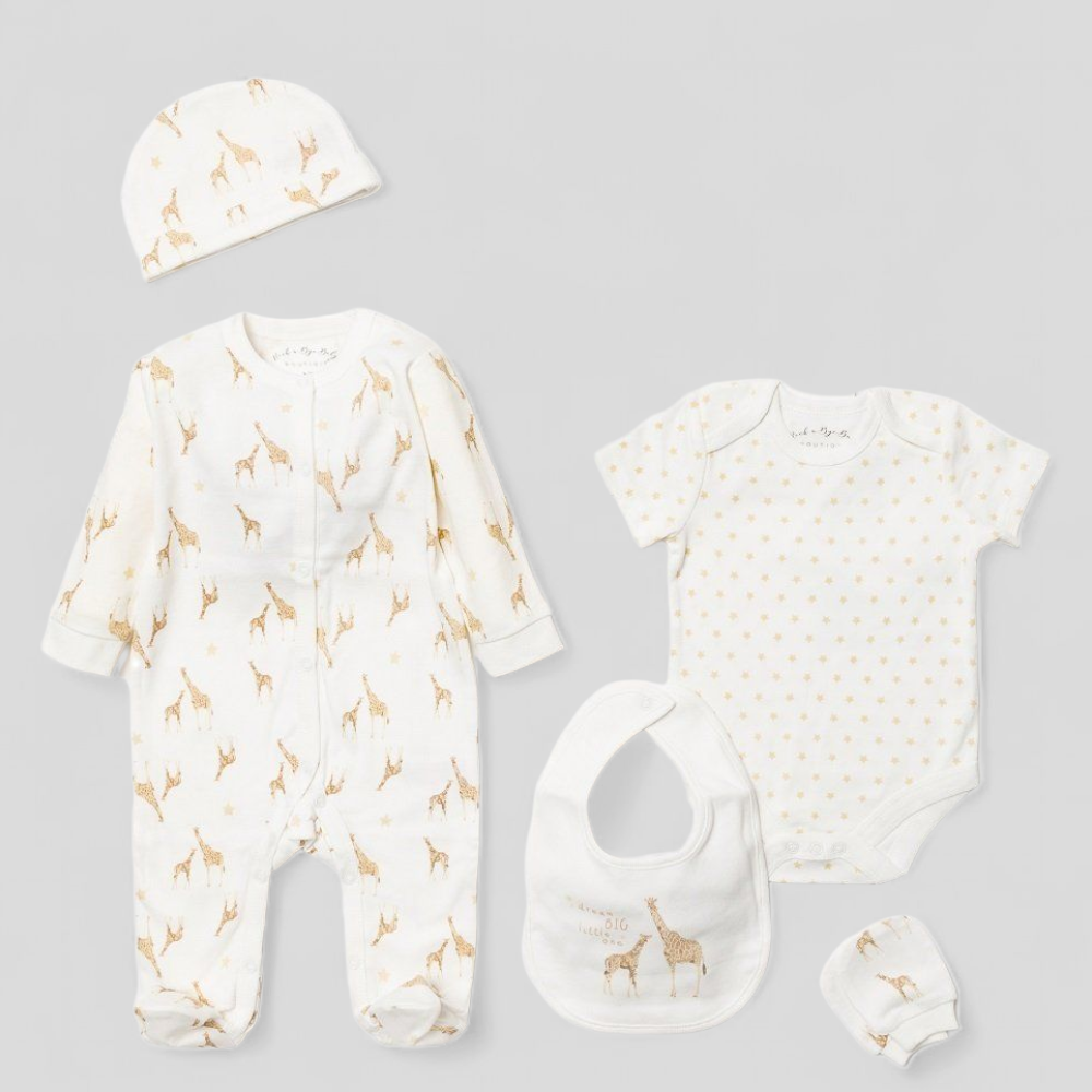 Baby giraffe themed clothing gift set with onesie, bib, mittens, bodysuit and hat 