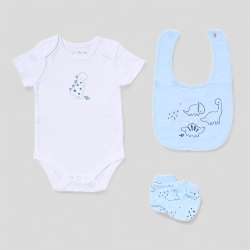 Baby onesie, bib, and booties with dinosaur design 
