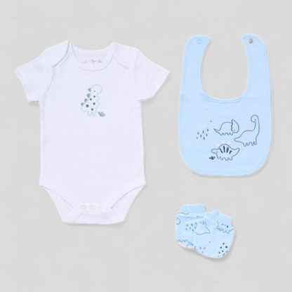 Baby onesie, bib, and booties with dinosaur design 