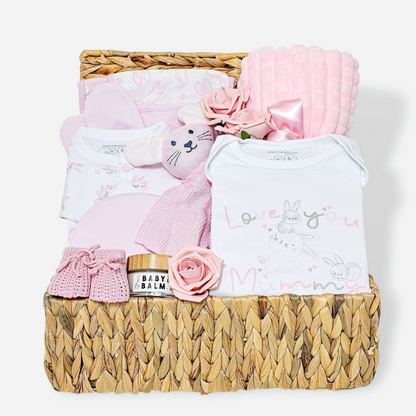 Baby girl gift basket with pink plush blanket, bunny comforter, newborn clothing set and more.