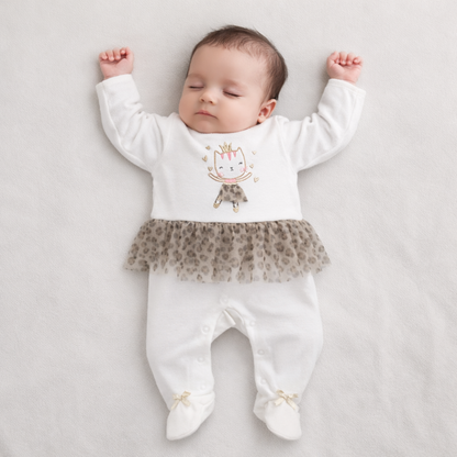  white footed long-sleeve sleeper with a leopard-print tutu skirt and a small cat graphic on the chest.