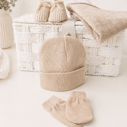 Knitted baby hat, mittens and booties set in beige – neutral newborn clothing essentials