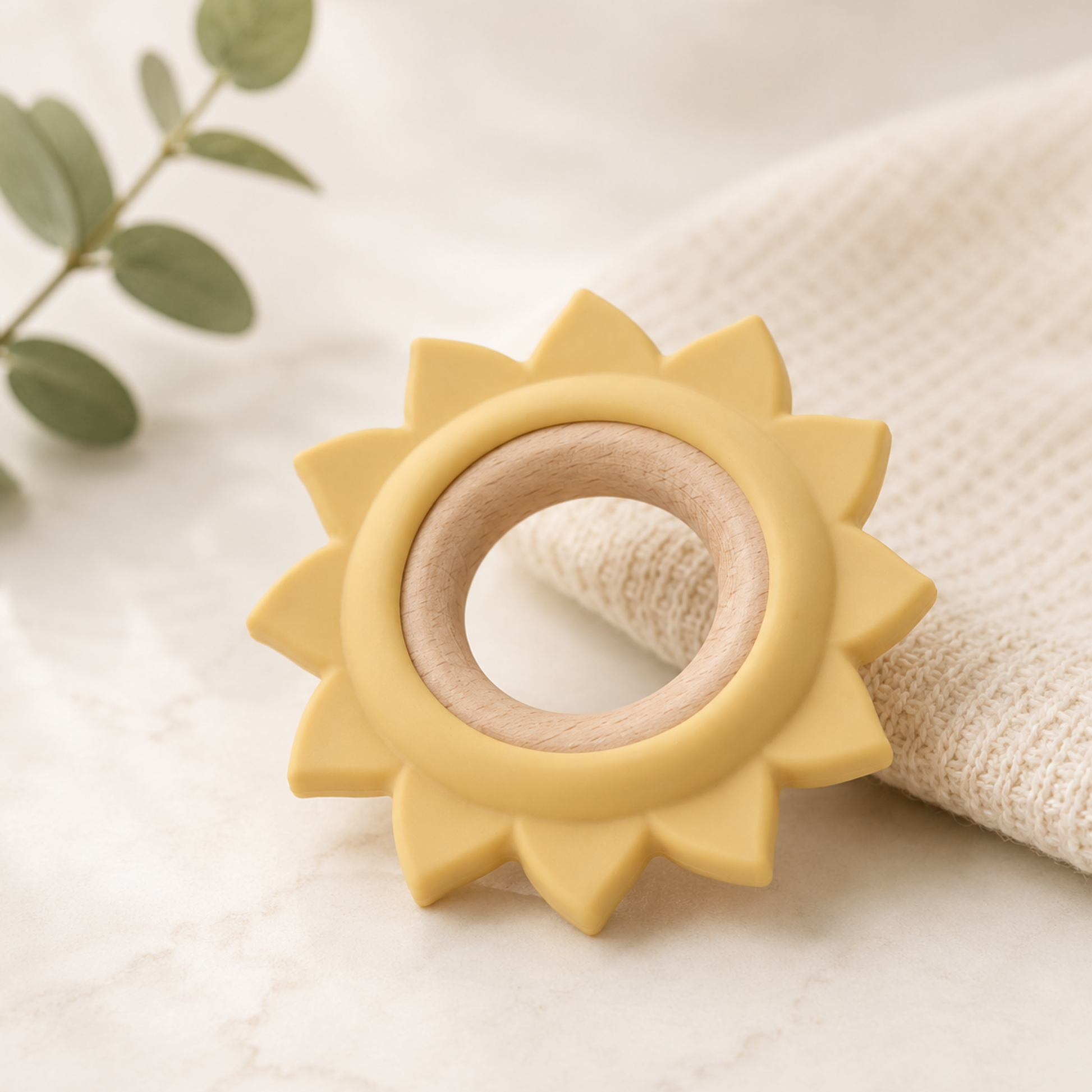 Baby Silicone & Sustainable Wood Teething Ring - Sun