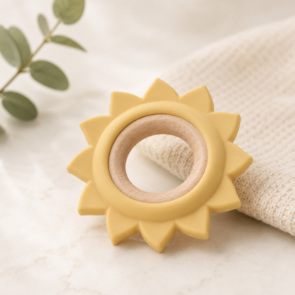 Baby Silicone & Sustainable Wood Teething Ring - Sun