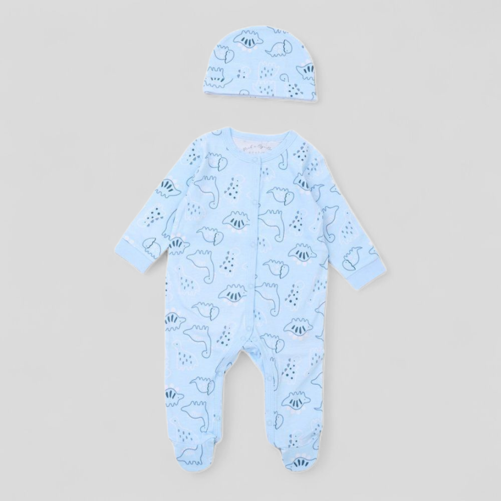 Baby sleepsuit and hat set with dinosaur pattern 