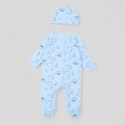Baby sleepsuit and hat set with dinosaur pattern 
