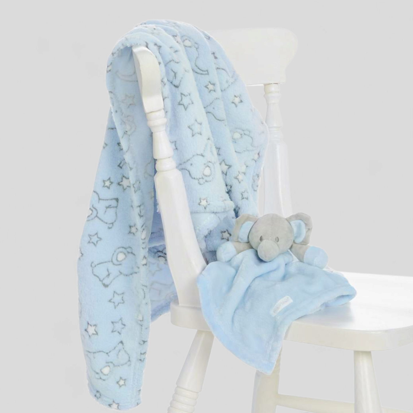Elephant plush blanket and matching comforter in blue